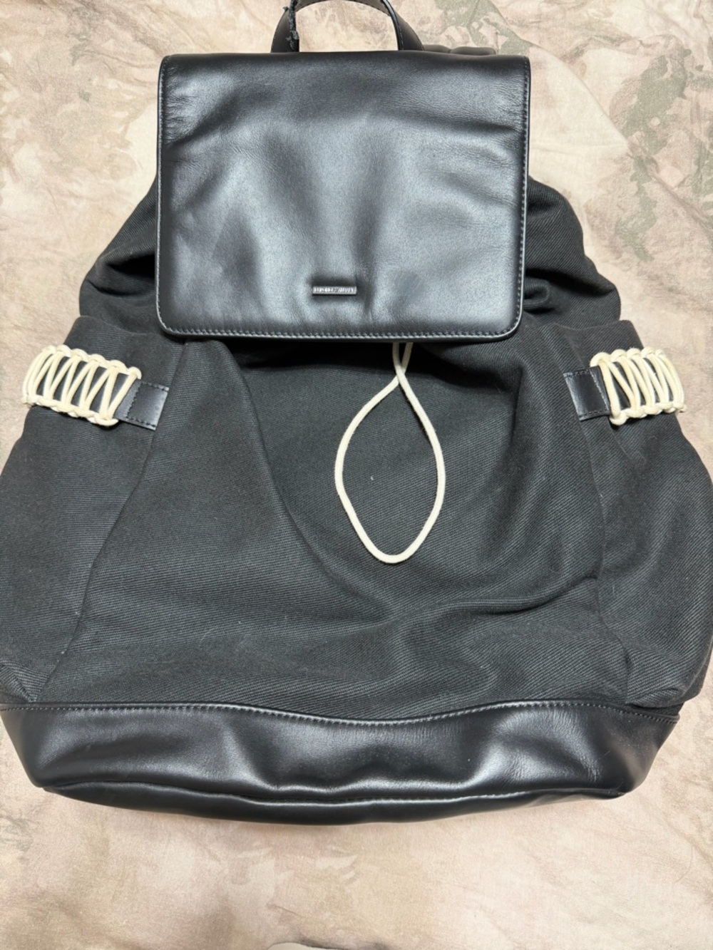 Black Canvas & Leather Drawstring Backpack - Unbranded